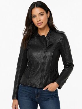 Marc New York Andrew Marc Black Faux Leather Moto Jacket Women Small Zip Stretch